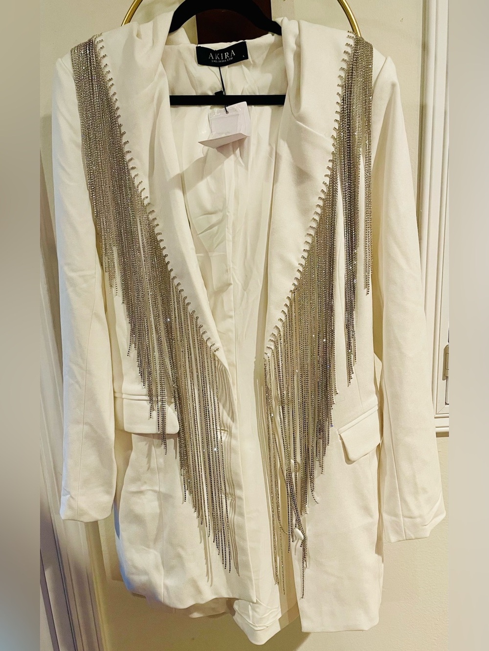 AKIRA Cream Blazer with Silver Chain Fringe